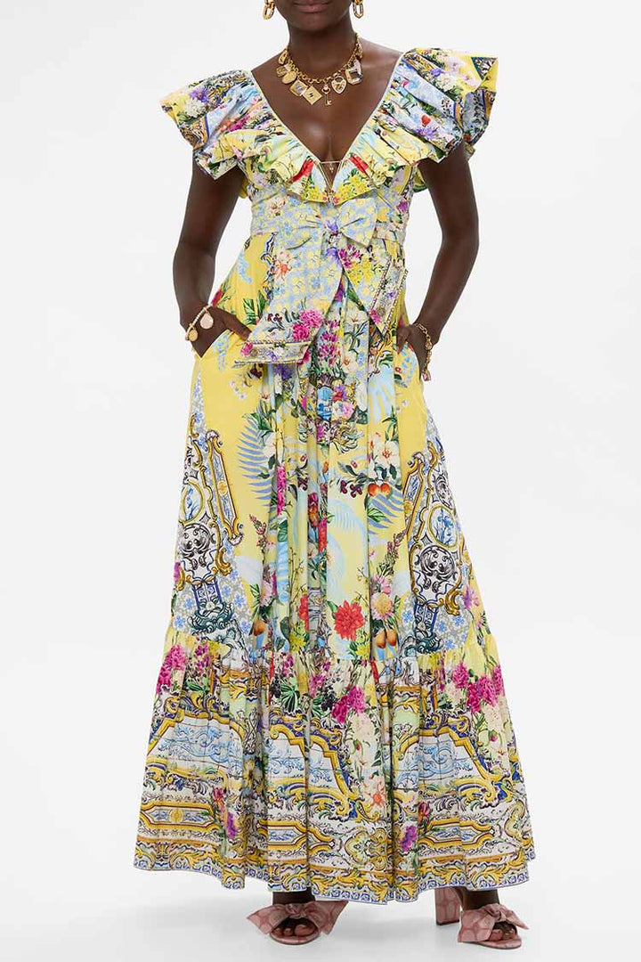 Frill Neck Dress With Hardware in Flor Fantastica