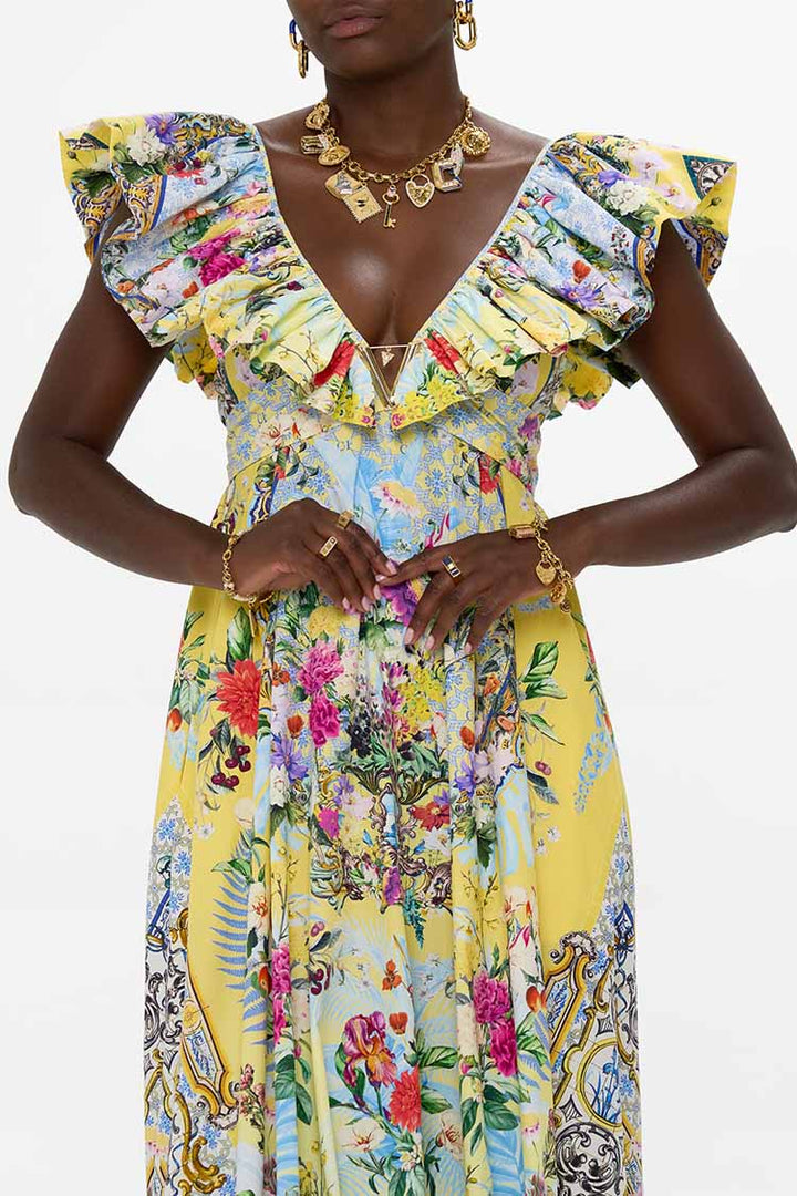 Frill Neck Dress With Hardware in Flor Fantastica