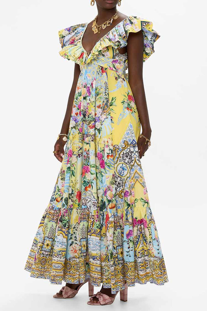 Frill Neck Dress With Hardware in Flor Fantastica