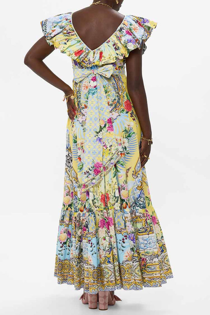 Frill Neck Dress With Hardware in Flor Fantastica