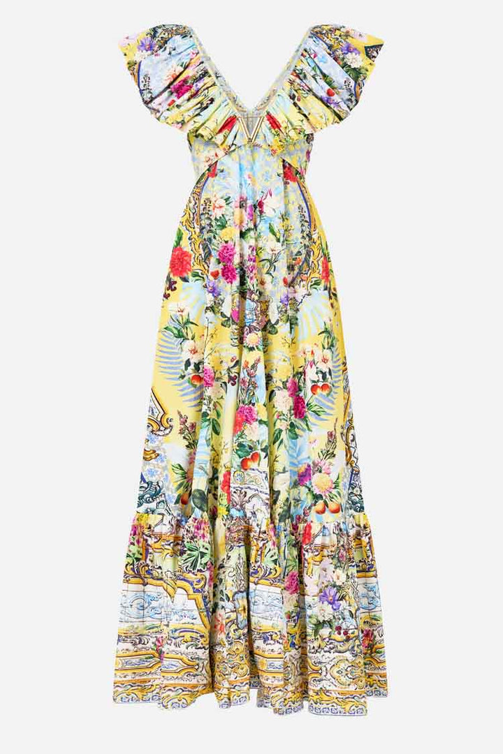 Frill Neck Dress With Hardware in Flor Fantastica