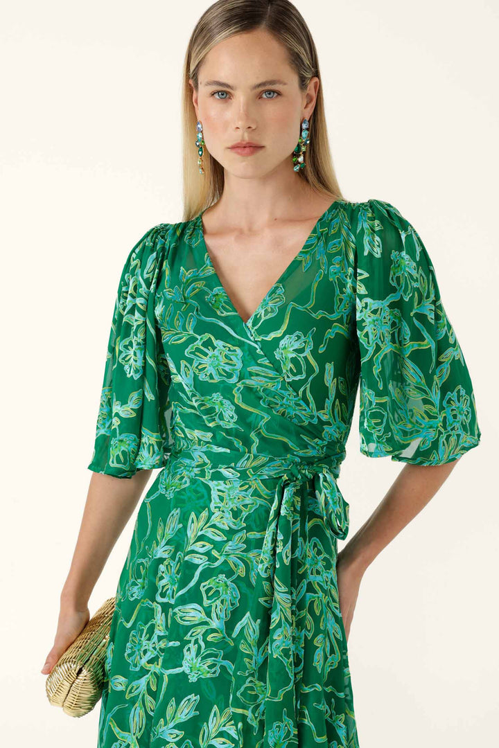 Garden Maze Wrap Dress in Green Aqua Floral