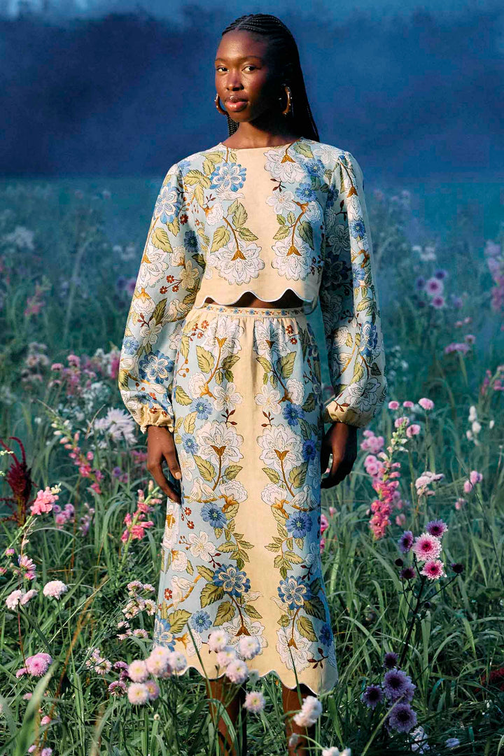 Garden Scarf Blue Midi Skirt