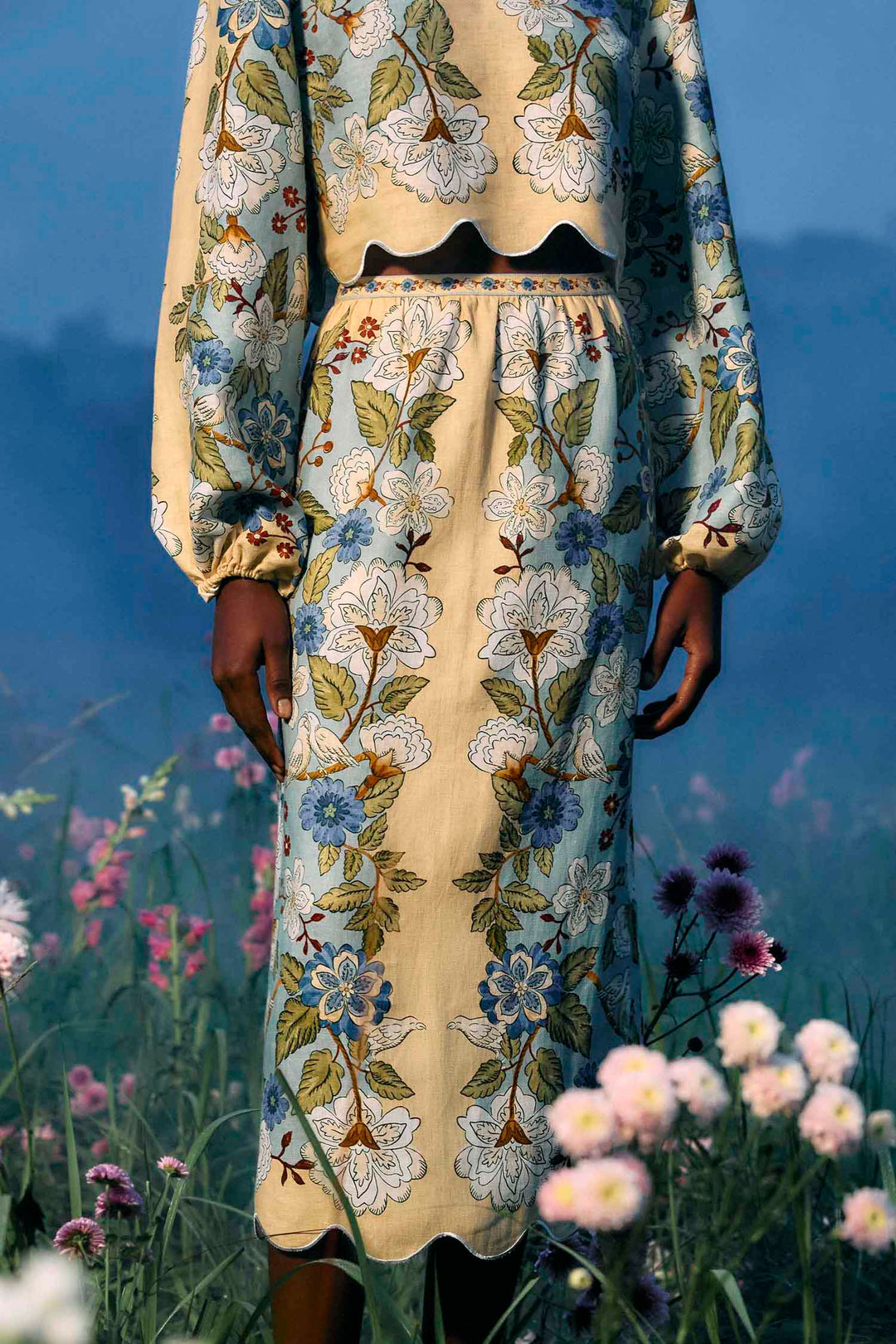 Garden Scarf Blue Midi Skirt