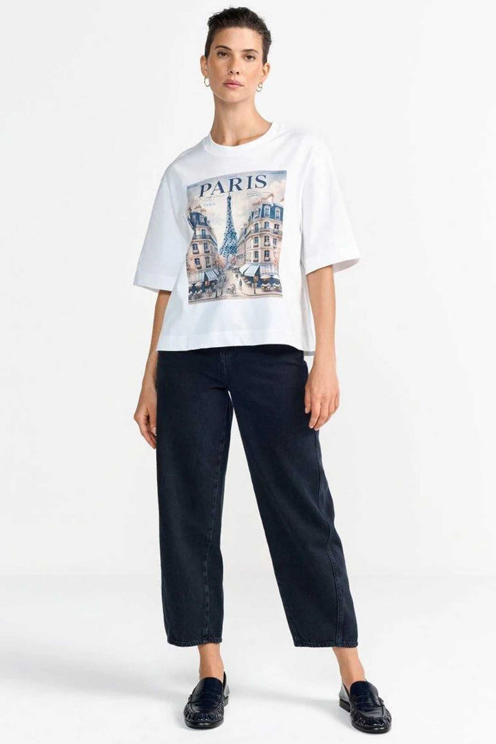 Gentle Fit T-Shirt with Paris Print in White