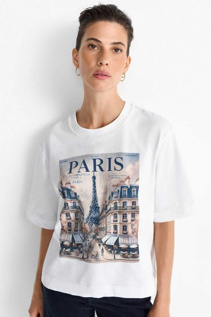 Gentle Fit T-Shirt with Paris Print in White