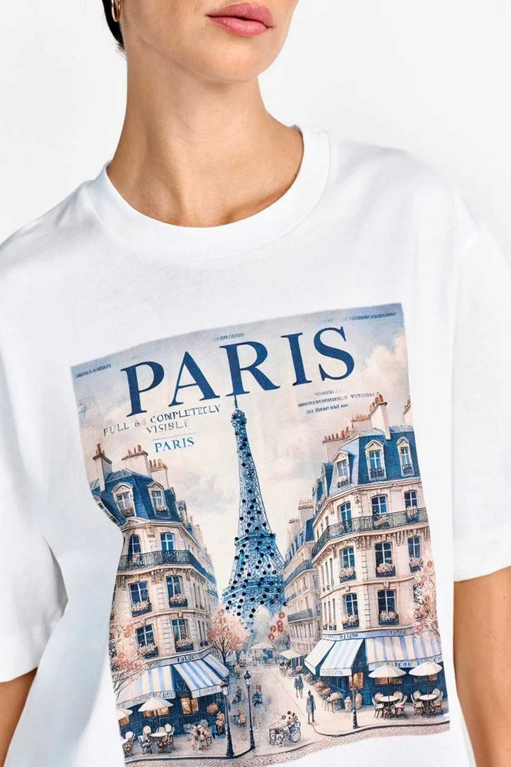 Gentle Fit T-Shirt with Paris Print in White