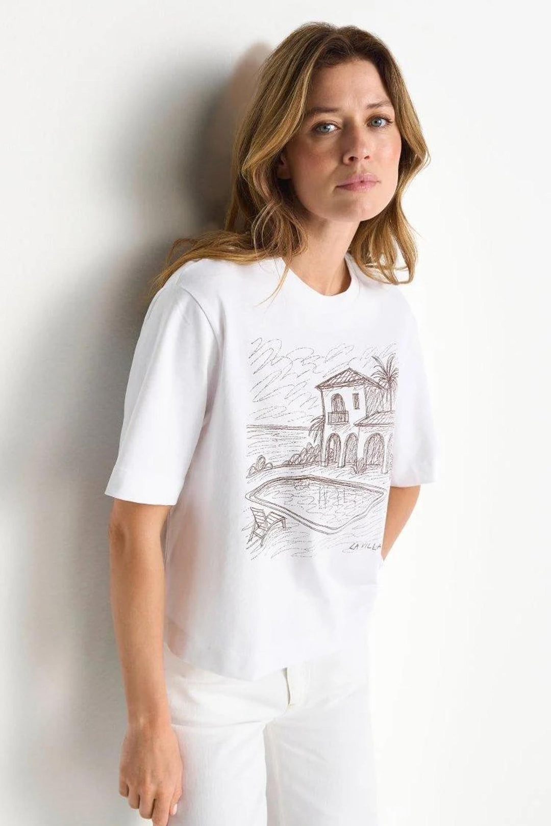 Gentle Fit T-Shirt w Print in White