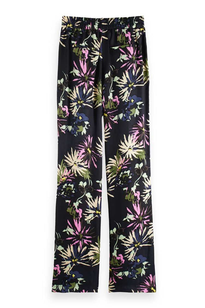 Gia - Mid Rise Wide Leg Printed Silky Trousers in Aster Black
