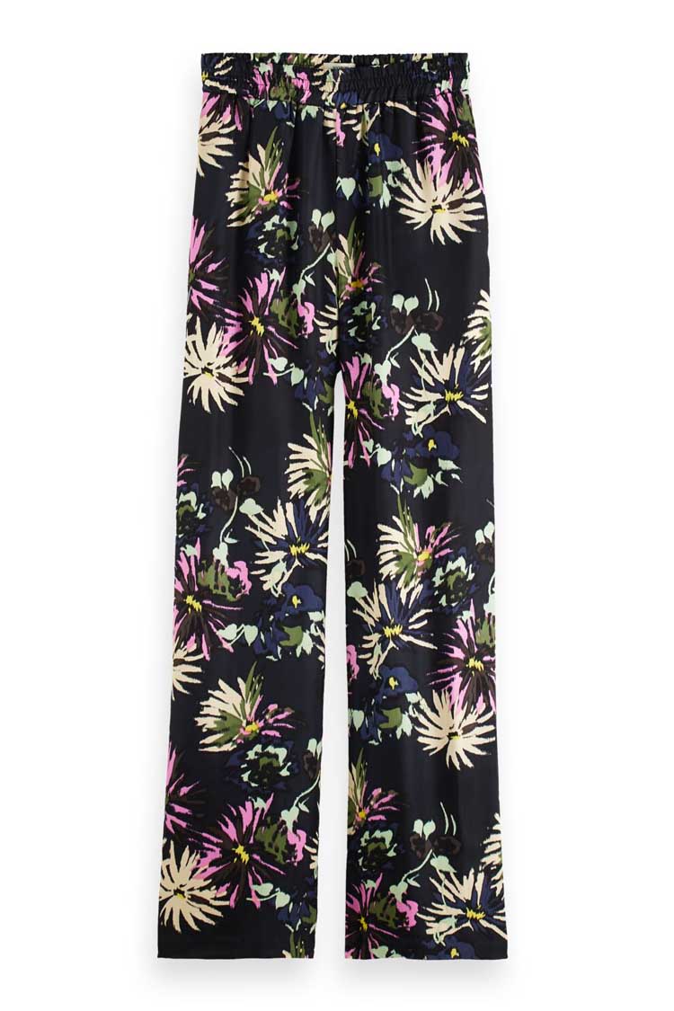 Gia - Mid Rise Wide Leg Printed Silky Trousers in Aster Black