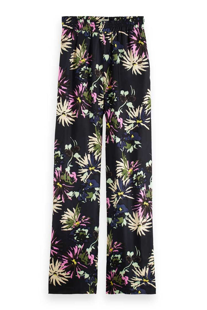 Gia - Mid Rise Wide Leg Printed Silky Trousers in Aster Black