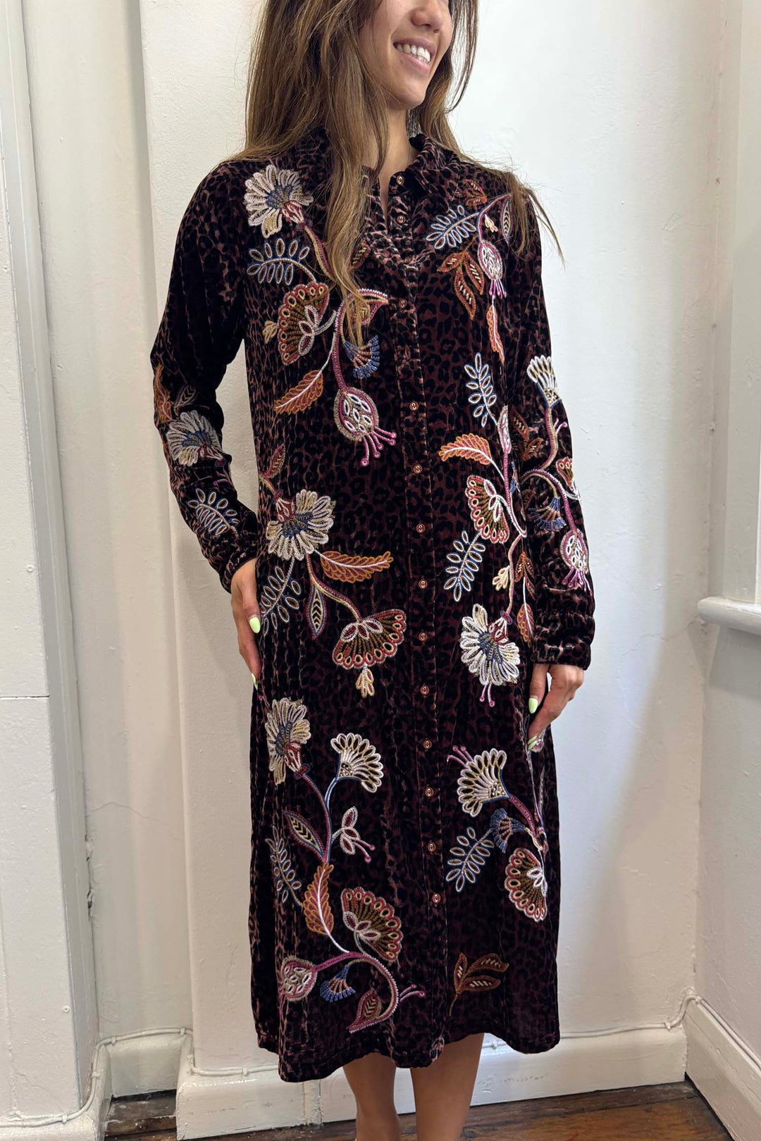 Gineva Velvet Shirt Dress in Misty Leopard