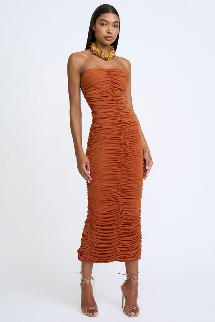 Gloria Gathered Strapless Midi Dress in Clay