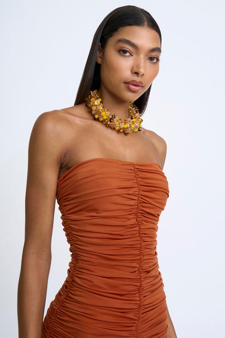 Gloria Gathered Strapless Midi Dress in Clay