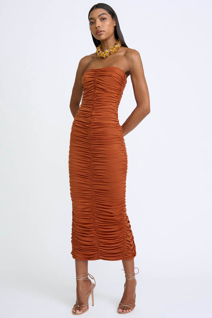 Gloria Gathered Strapless Midi Dress in Clay