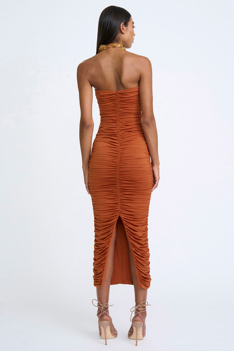 Gloria Gathered Strapless Midi Dress in Clay