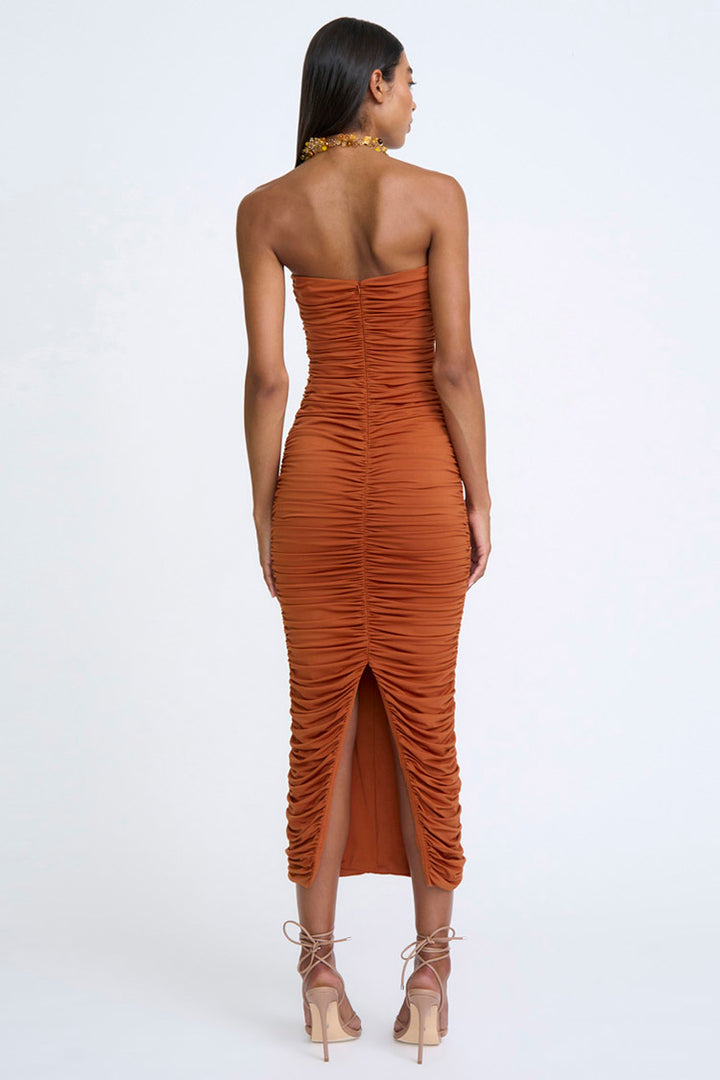 Gloria Gathered Strapless Midi Dress in Clay