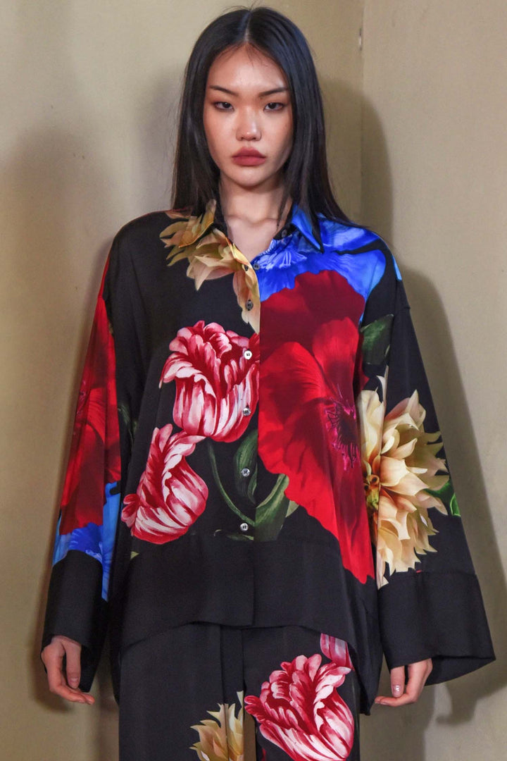 Glossy Goddess Blouse in Black Floral