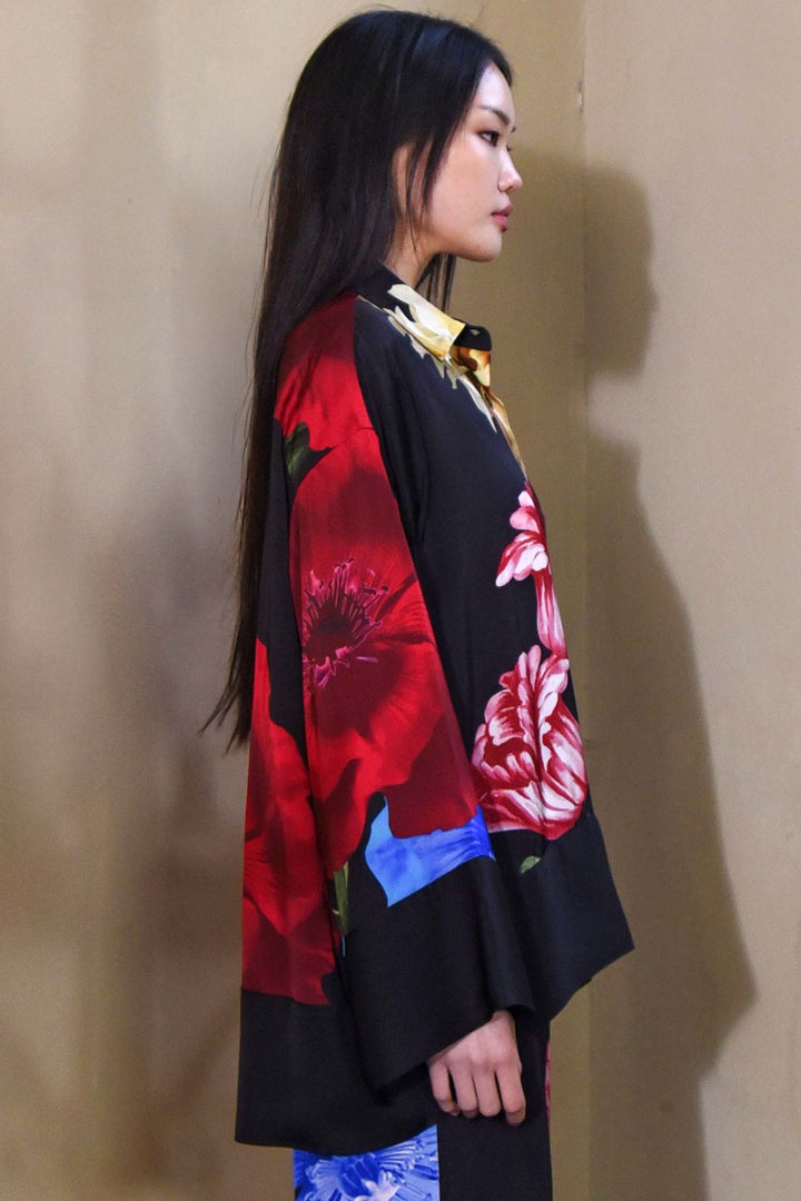 Glossy Goddess Blouse in Black Floral