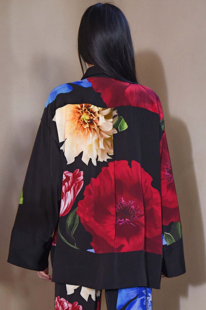 Glossy Goddess Blouse in Black Floral