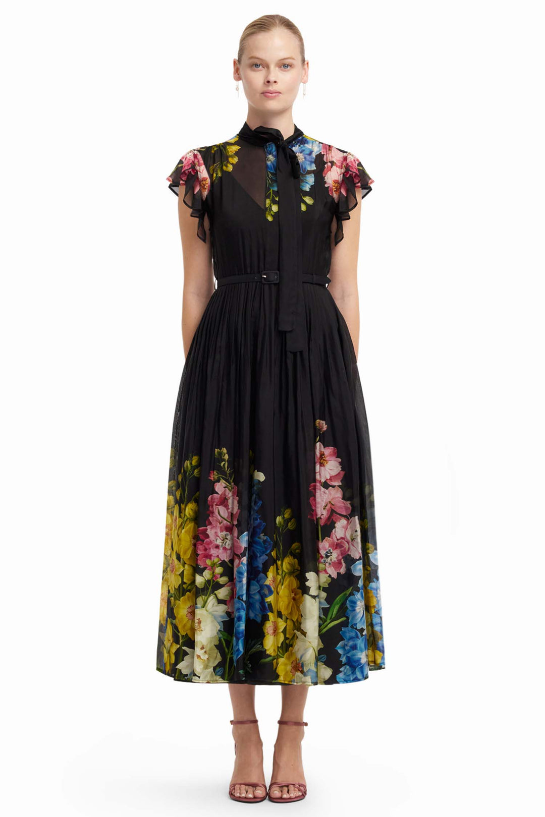 Grace Flutter Sleeve Midi Dress in Snapdragon in Ebony