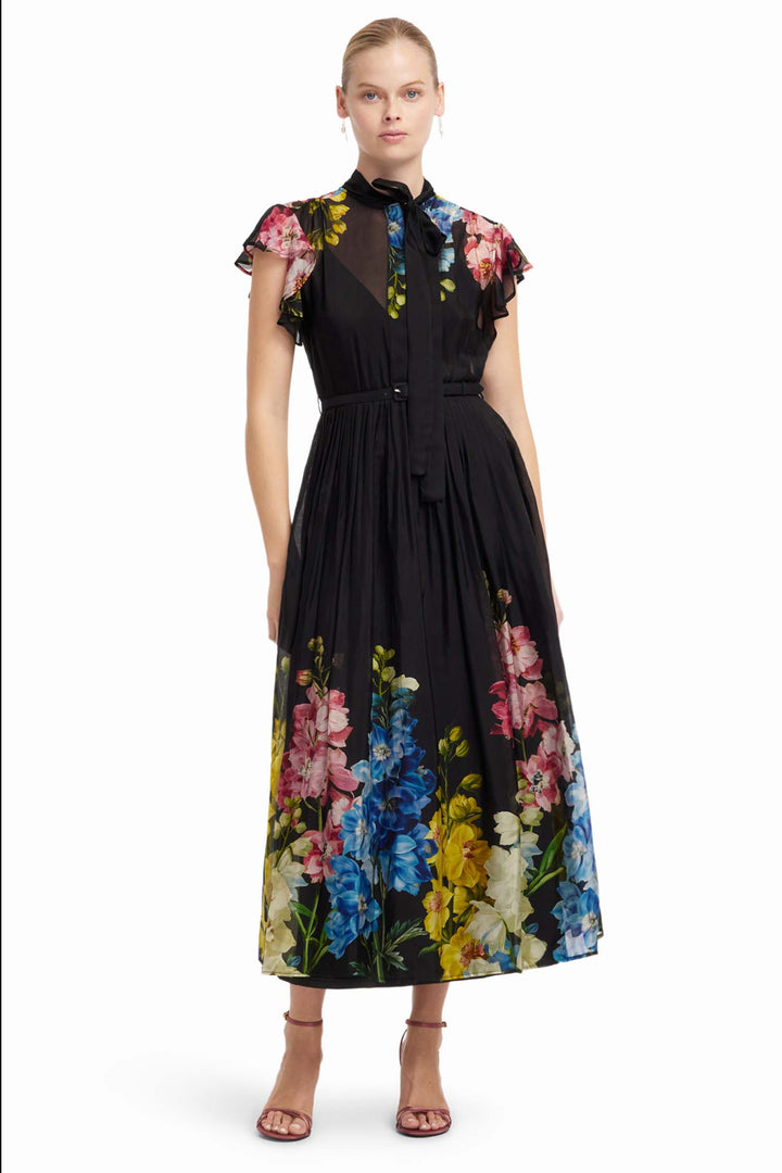 Grace Flutter Sleeve Midi Dress in Snapdragon in Ebony