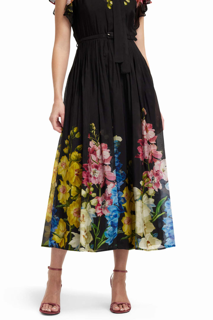 Grace Flutter Sleeve Midi Dress in Snapdragon in Ebony