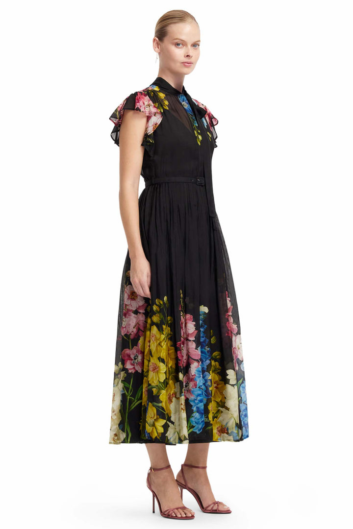 Grace Flutter Sleeve Midi Dress in Snapdragon in Ebony