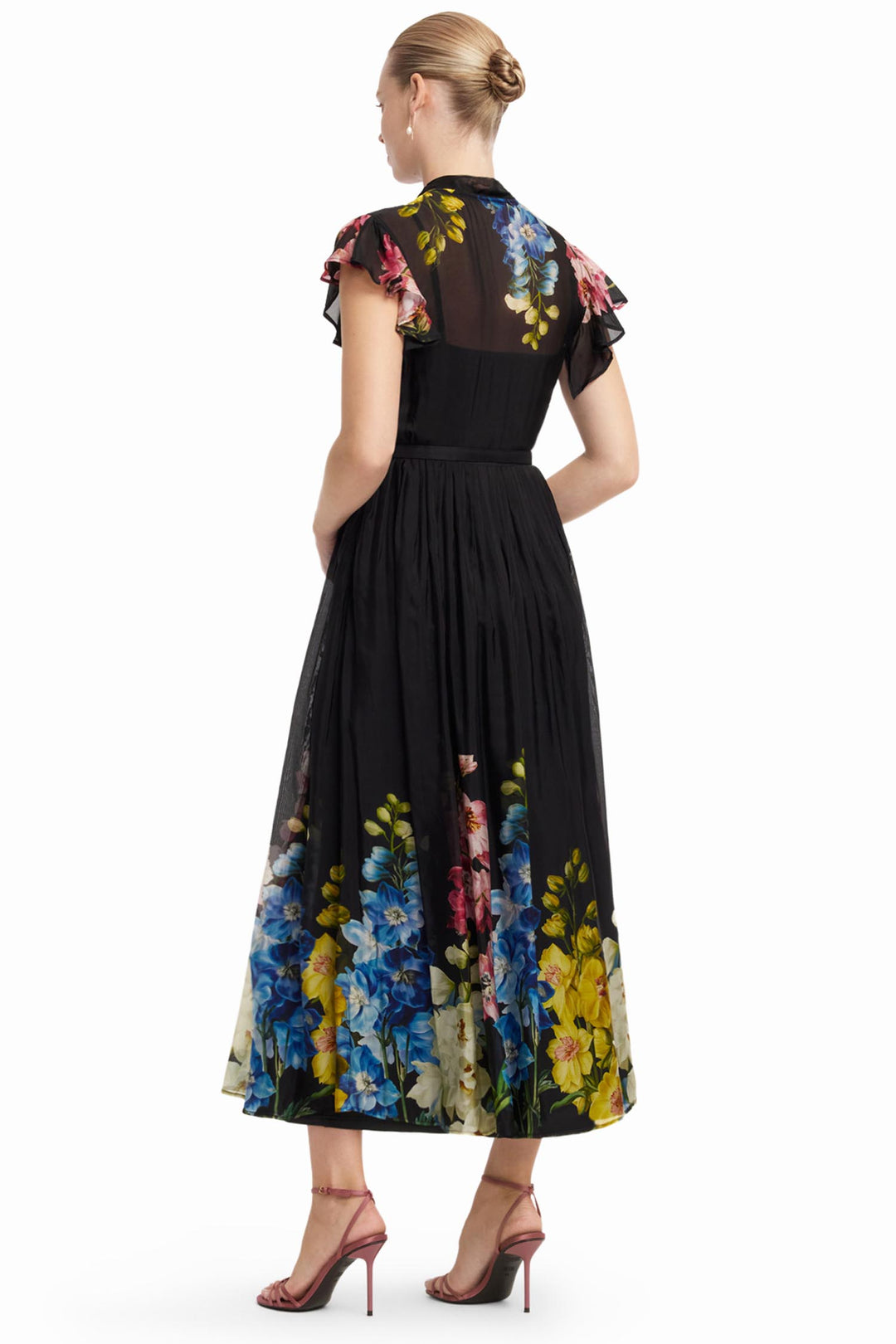 Grace Flutter Sleeve Midi Dress in Snapdragon in Ebony