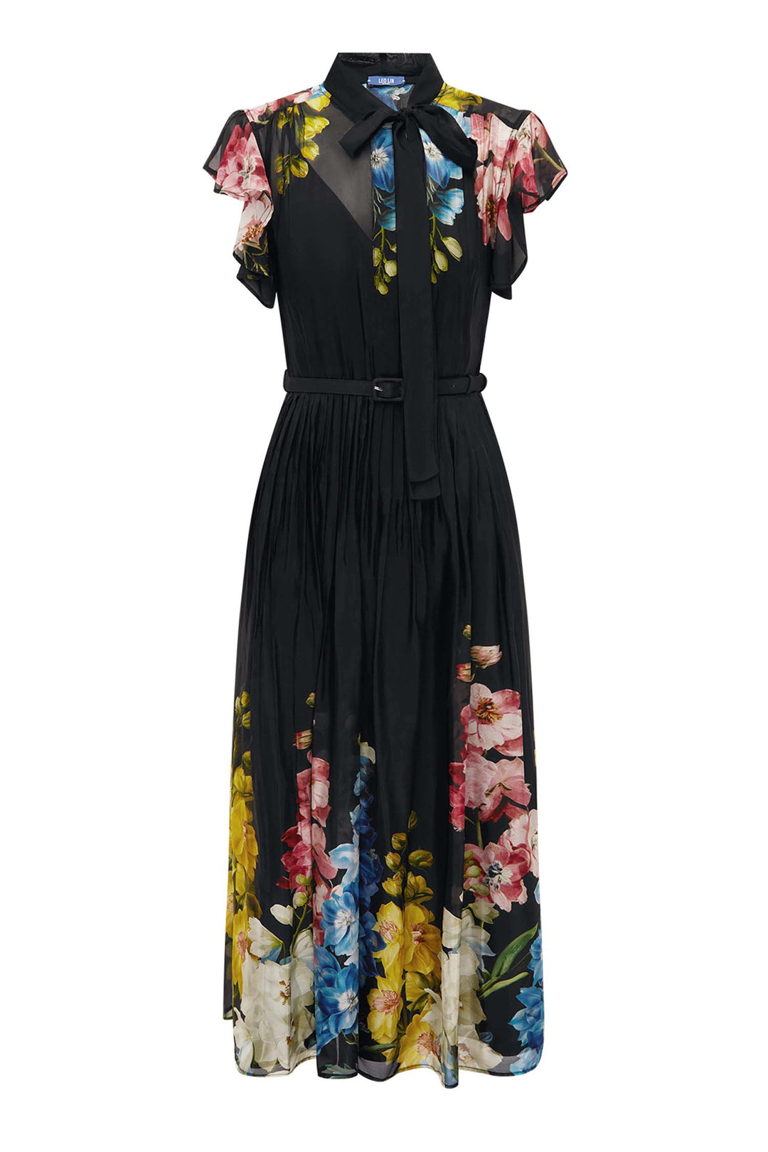 Grace Flutter Sleeve Midi Dress in Snapdragon in Ebony
