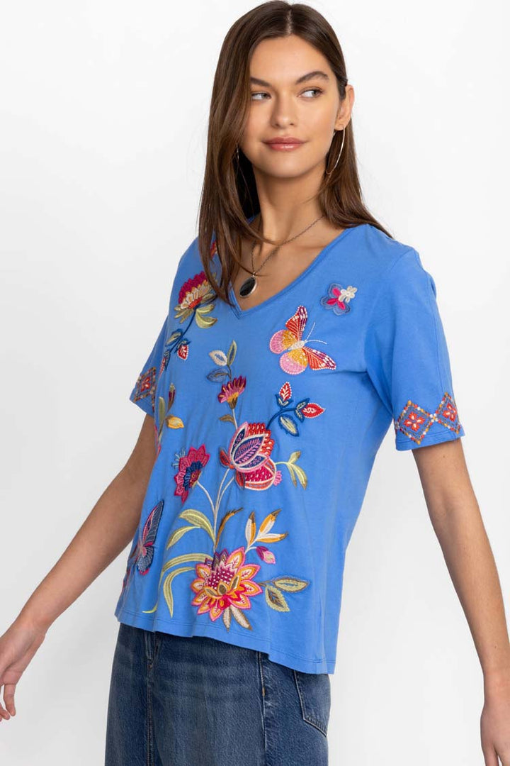 Gracey Trapunto V-Neck T-Shirt in Ultramarine