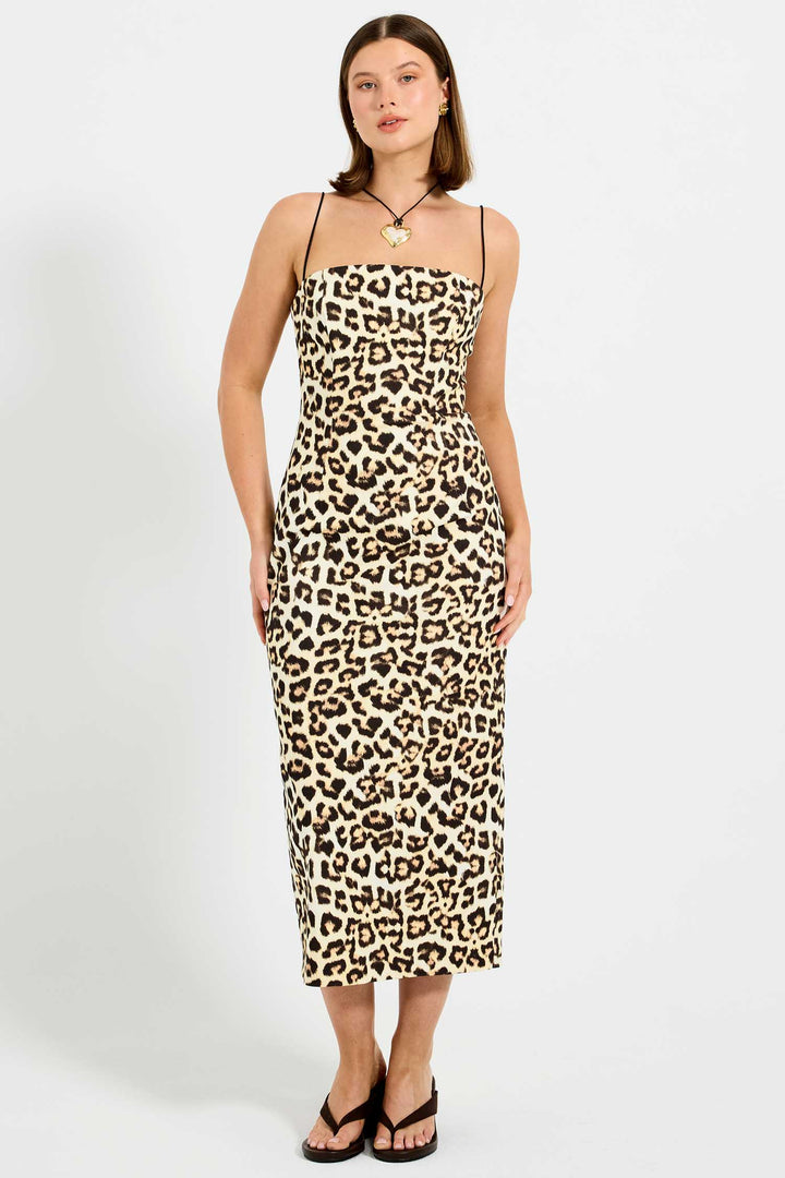 Greta Denim Fitted Midi Dress in Leopard