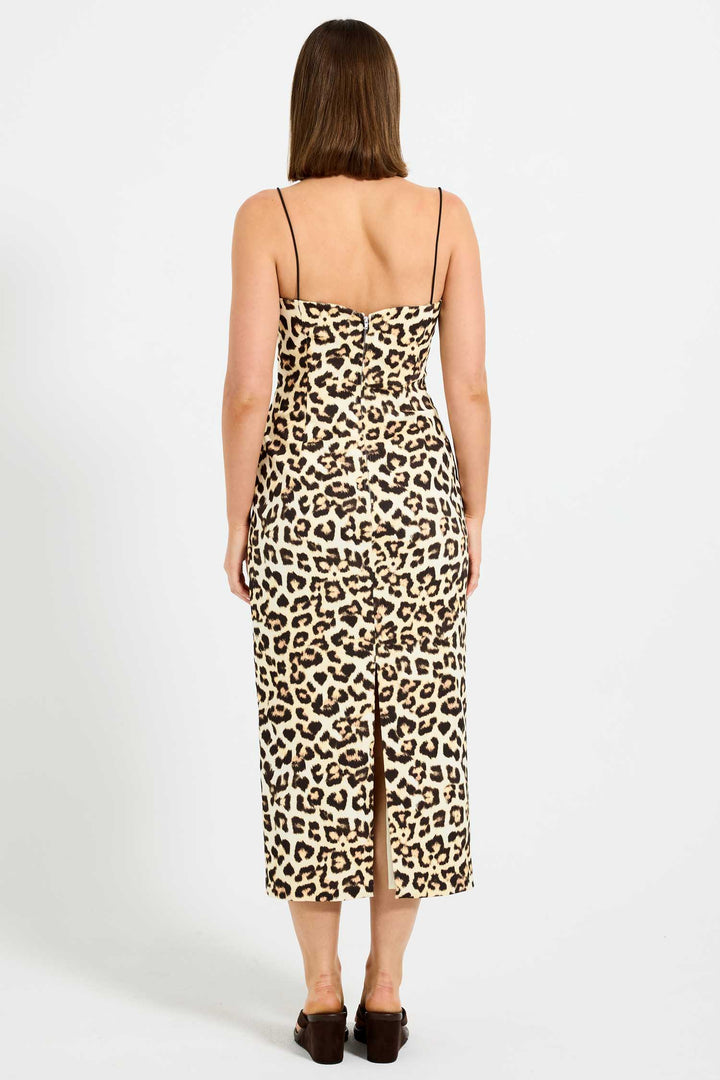 Greta Denim Fitted Midi Dress in Leopard
