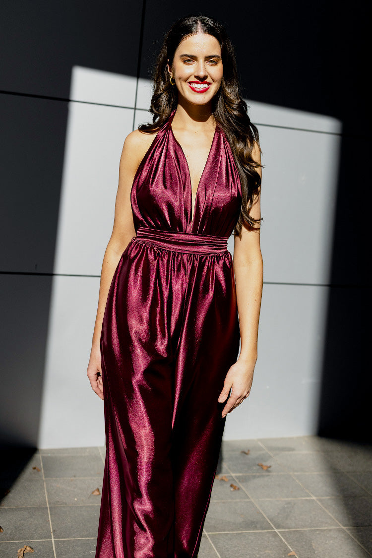 Halter Jumpsuit in Burgundy | Satin