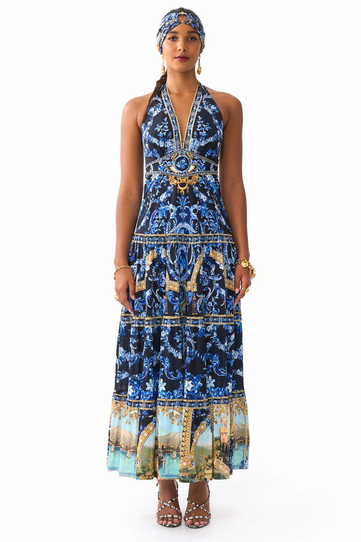 Halter Jersey Dress with Tiered Skirt in Sweet Sacre Bleu