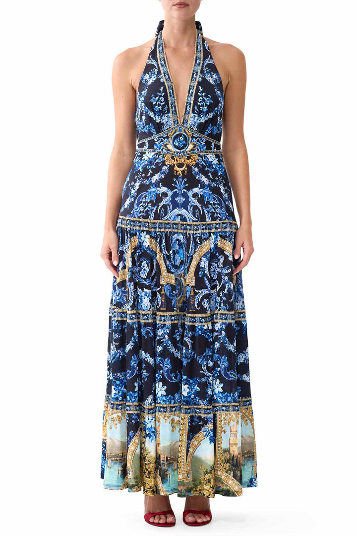 Halter Jersey Dress with Tiered Skirt in Sweet Sacre Bleu