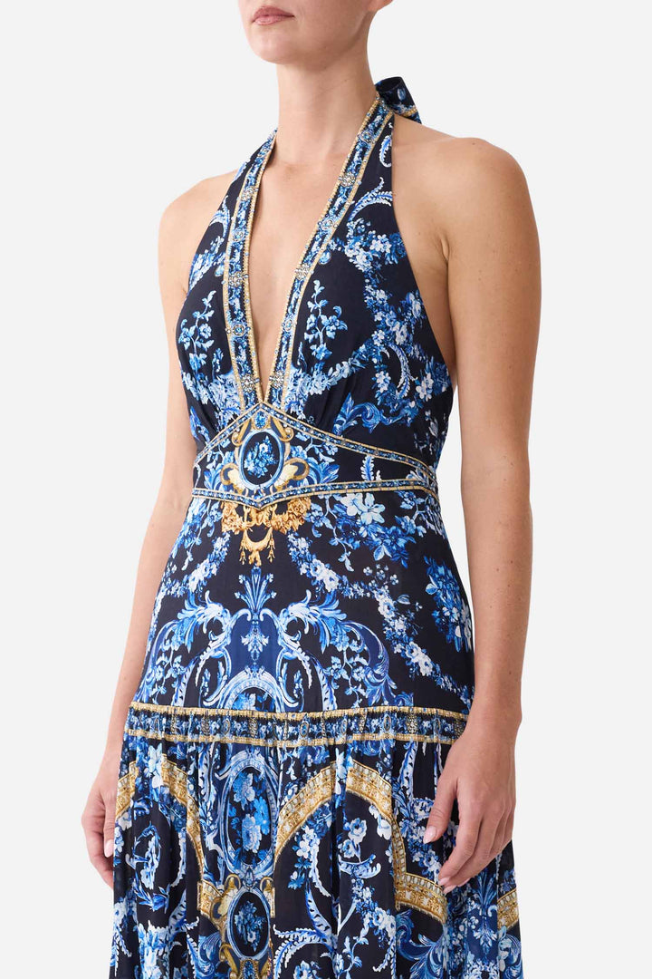 Halter Jersey Dress with Tiered Skirt in Sweet Sacre Bleu