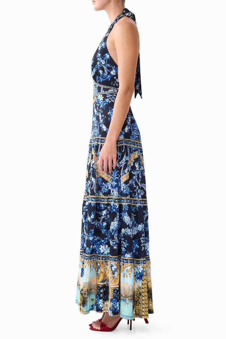 Halter Jersey Dress with Tiered Skirt in Sweet Sacre Bleu