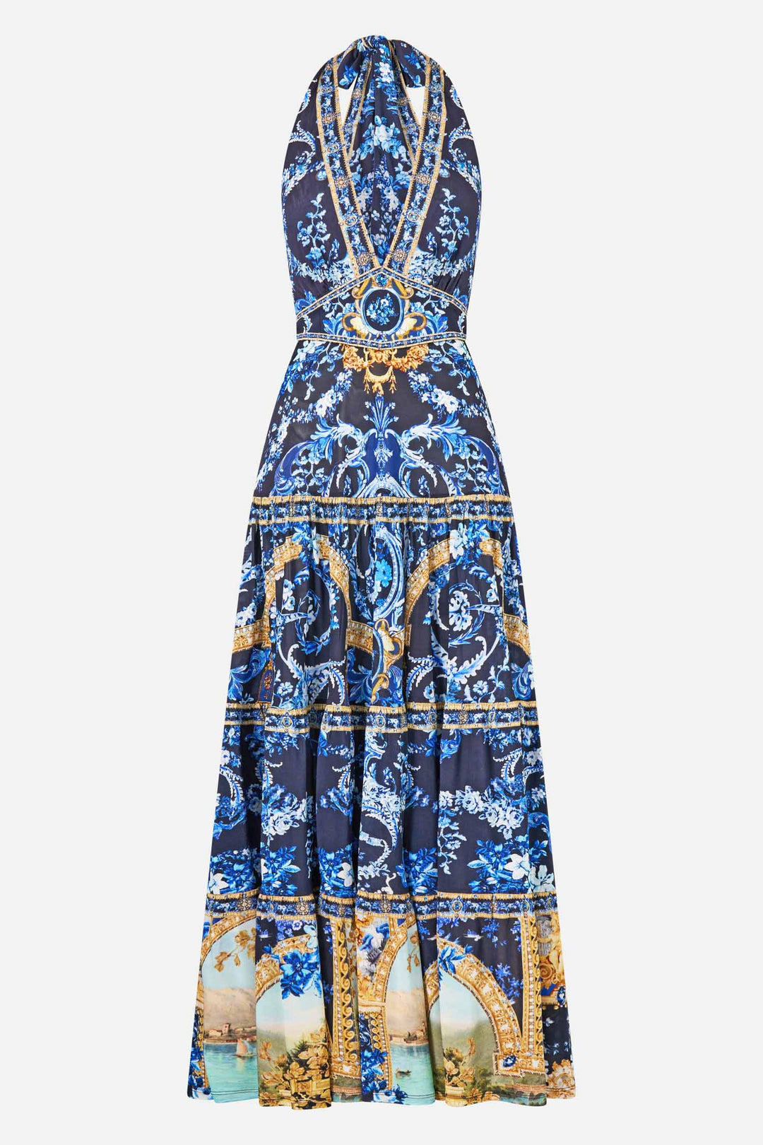 Halter Jersey Dress with Tiered Skirt in Sweet Sacre Bleu