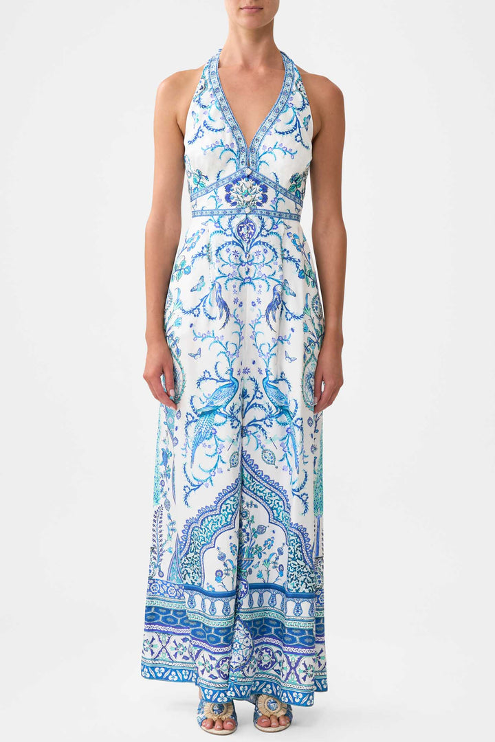 Halterneck Jumpsuit with Tie Neck in Isnik Lullaby