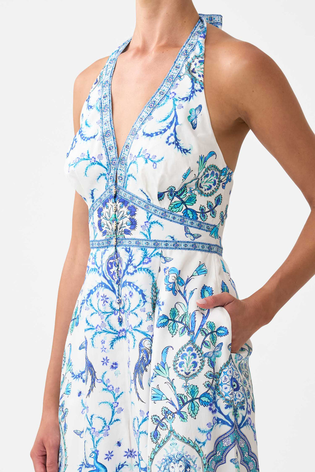 Halterneck Jumpsuit with Tie Neck in Isnik Lullaby