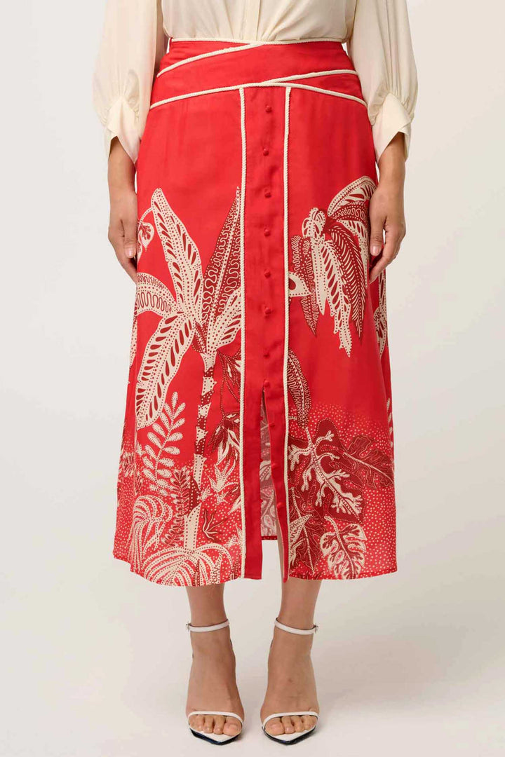 Harper Criss Cross Waist Panel Skirt in Crimson Palms