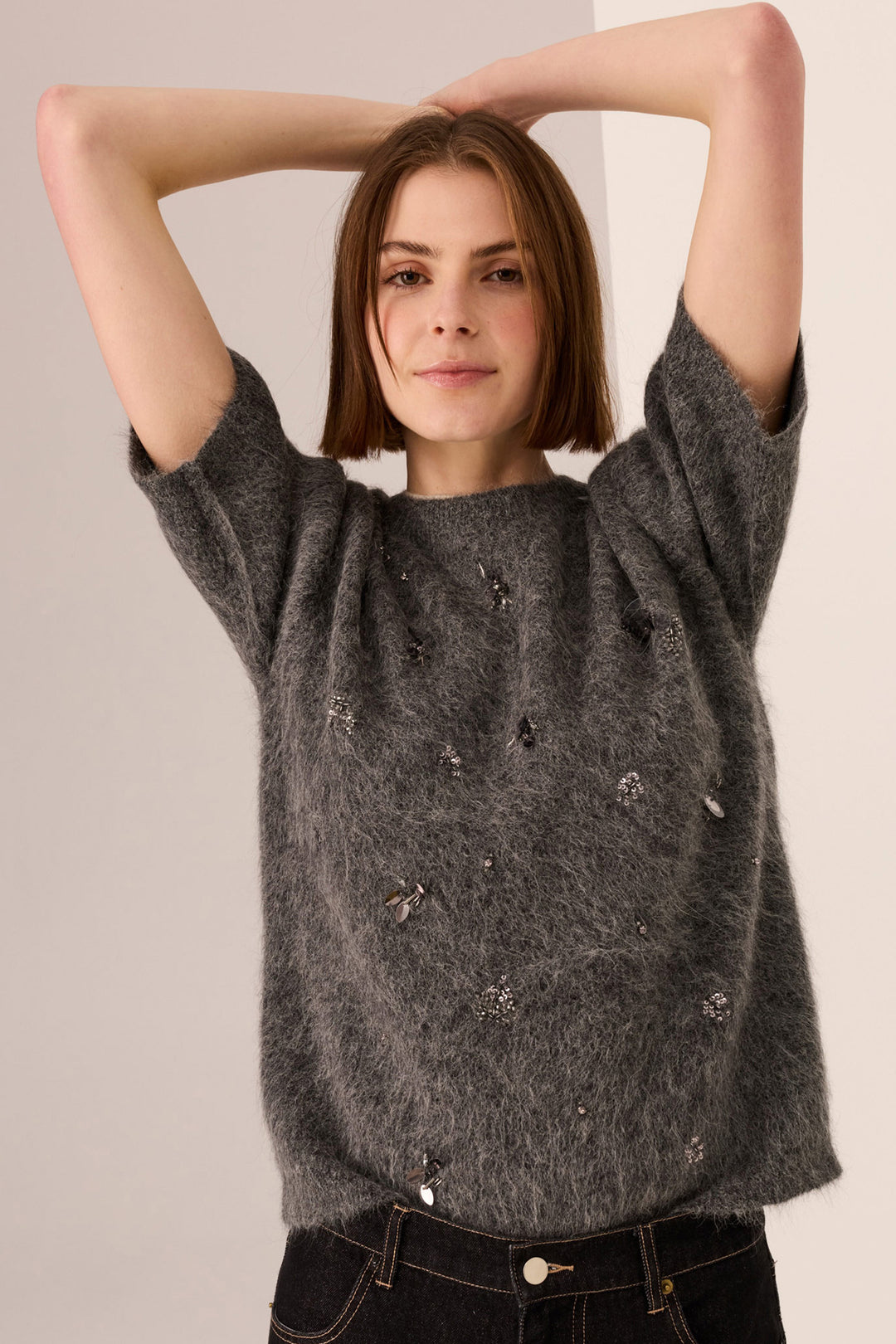 Haviland Beaded Knit Tee in Charcoal