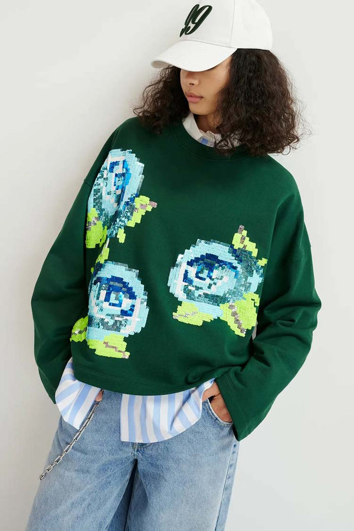Hedance Organic Cotton Sweatshirt w Sequin Embroideries