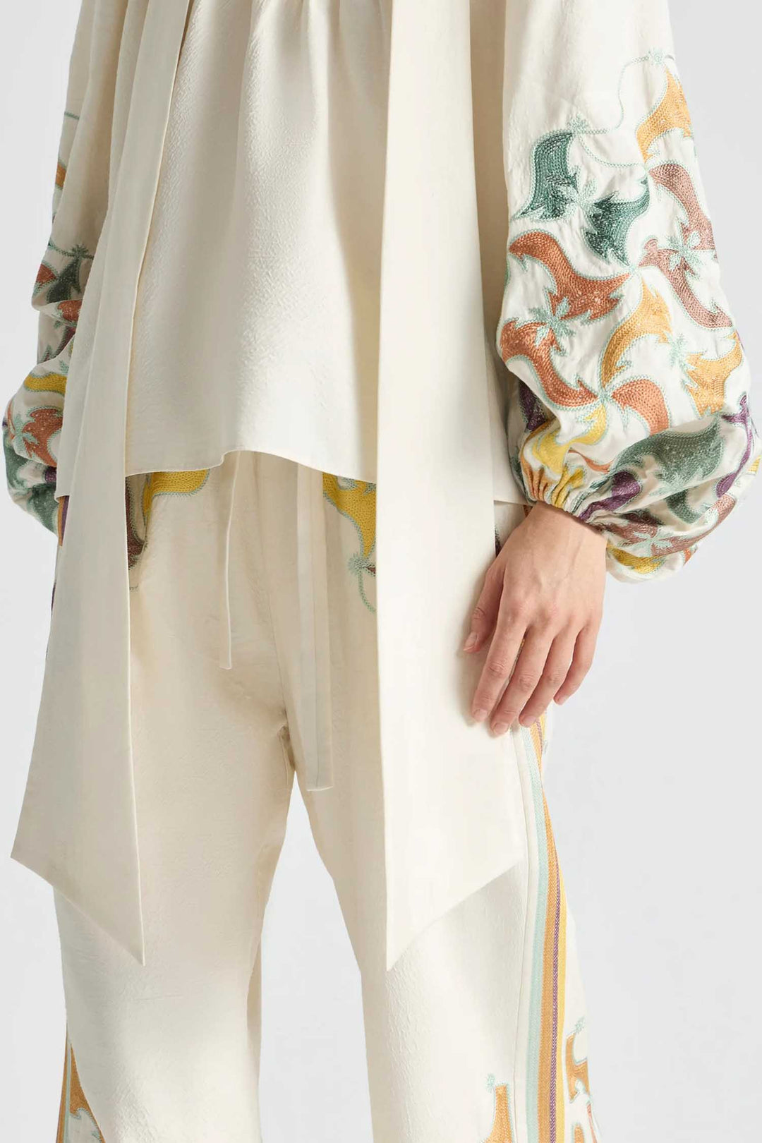 High Neck Tie Billow Blouse in Framed