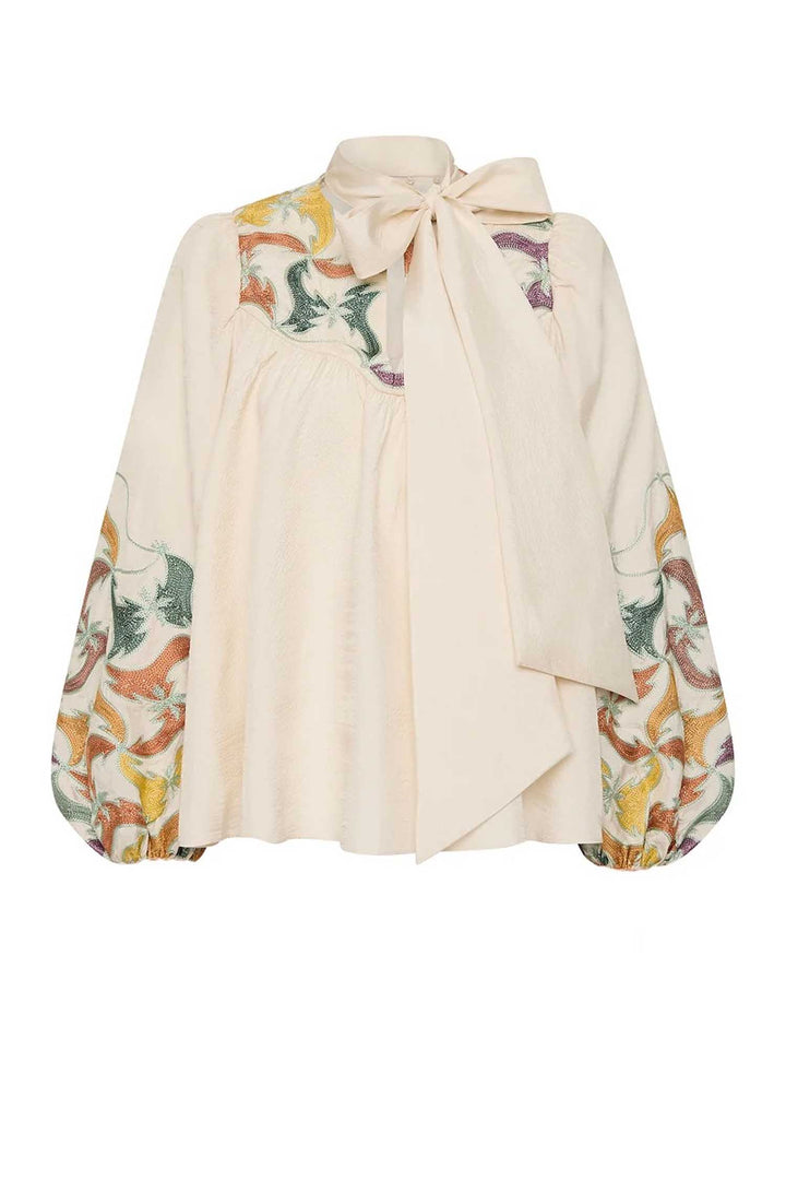 High Neck Tie Billow Blouse in Framed