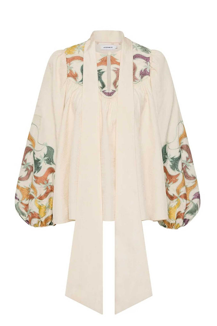 High Neck Tie Billow Blouse in Framed
