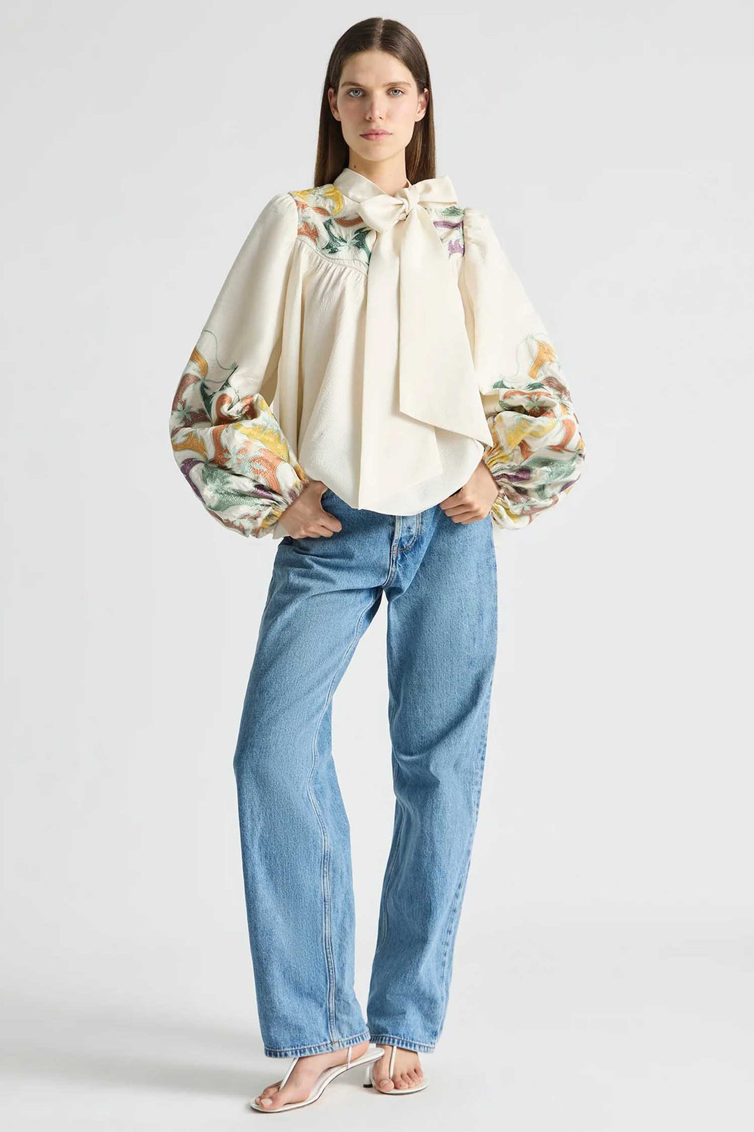 High Neck Tie Billow Blouse in Framed
