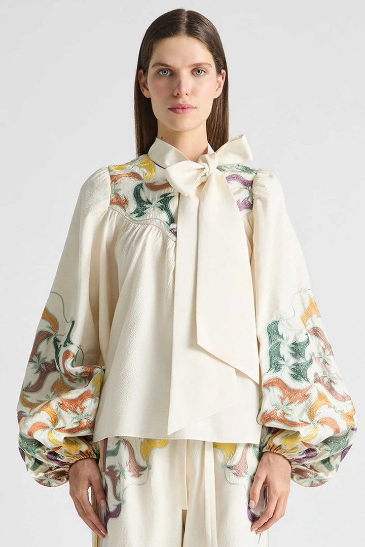 High Neck Tie Billow Blouse in Framed