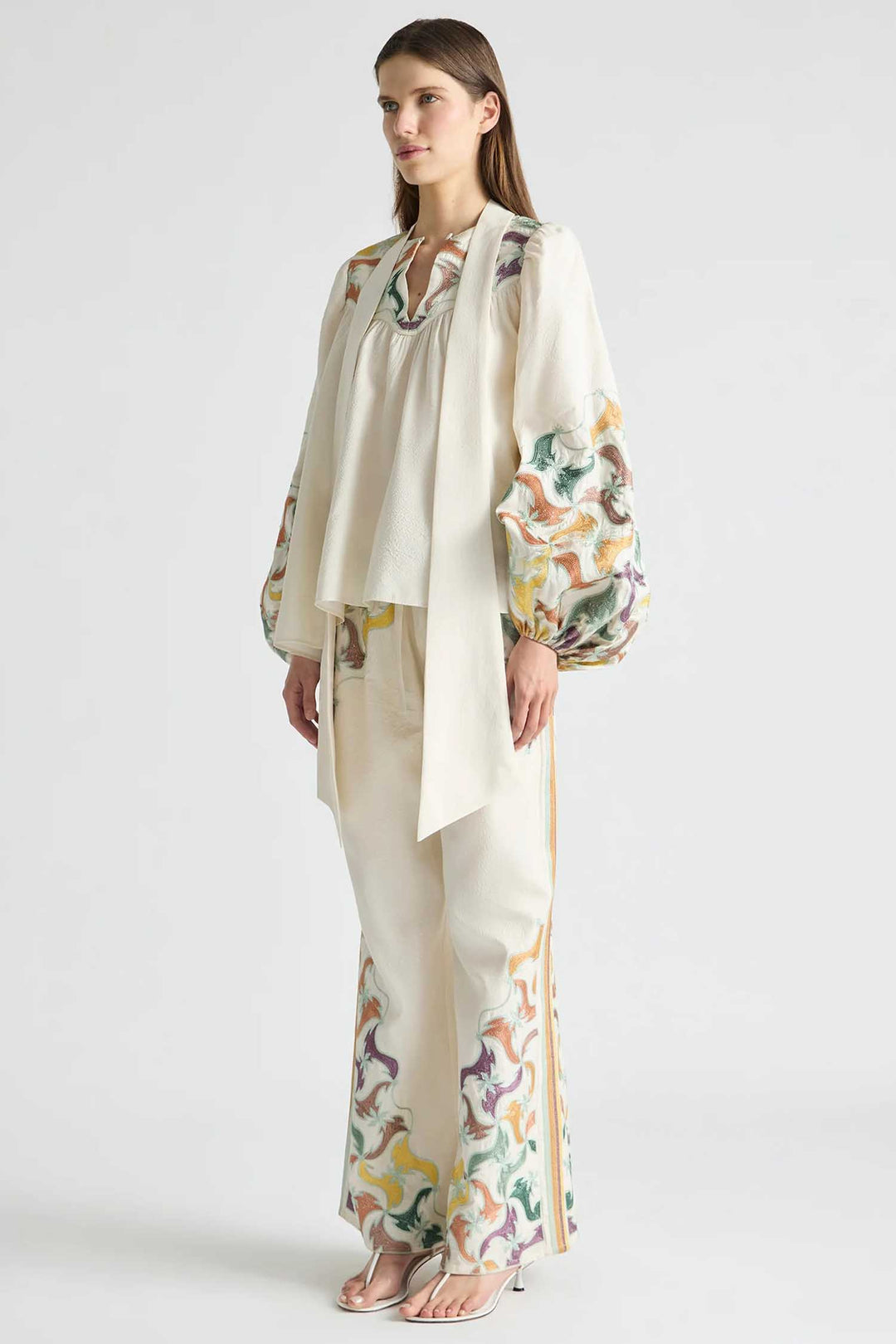 High Neck Tie Billow Blouse in Framed